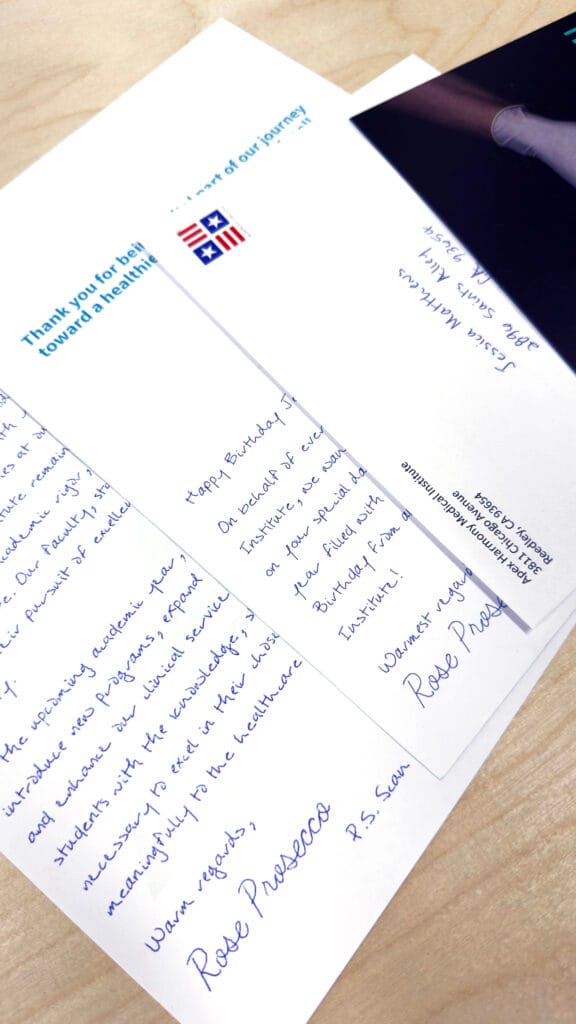 Close-up of finished handwritten mail pieces from Postalgia