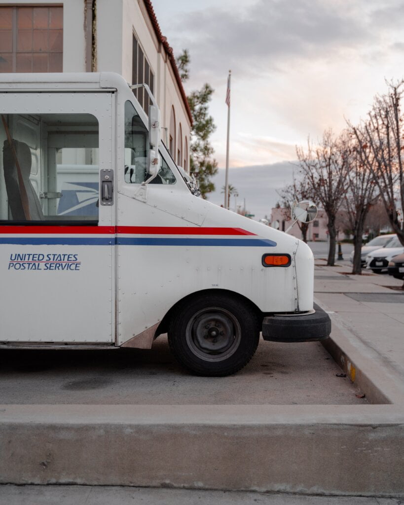 The front of a USPS mail truck