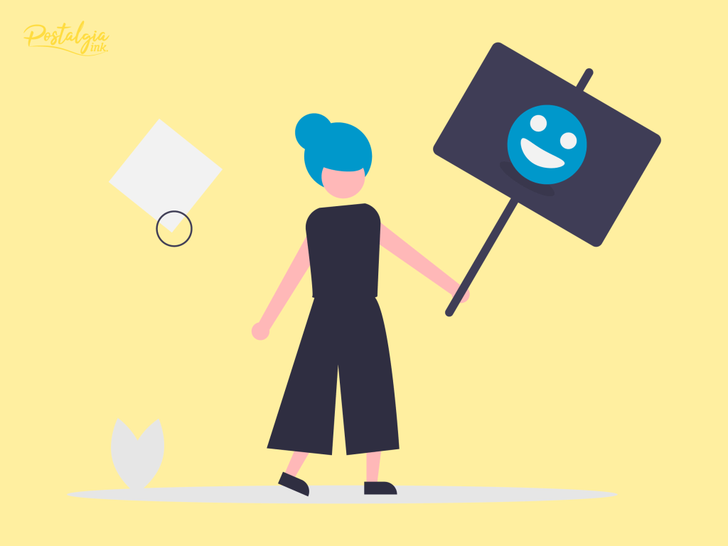 Lady holding sign with smiley face on it